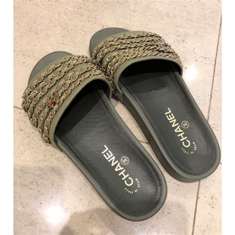 chanel olive green slides|CHANEL.